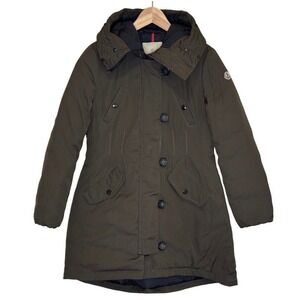 Moncler Women's Down Parka Coat Size 2 Dark Olive Green Hooded DIST Auth
